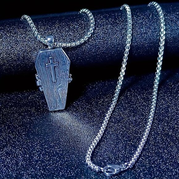 Necklace Skeleton Coffin Locket Goth Rave Scene Emo Edgy Rock Skull Opens - Picture 3 of 4